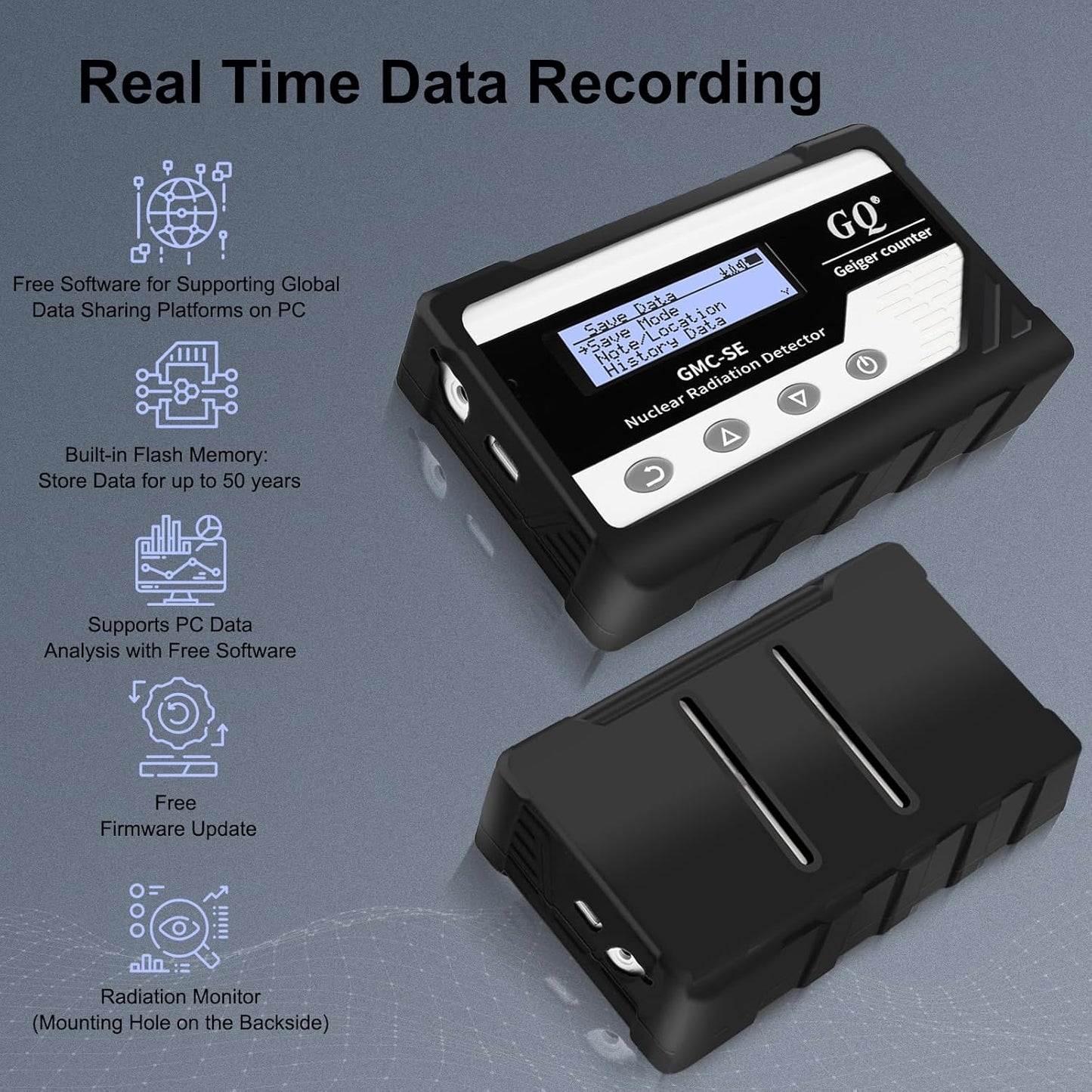 GQ GMC-SE Geiger Counter Radiation Detector Beta Gamma X-ray Portable Radiation Monitor Meter Digital Nuclear Radiation Dosimeter, Automatic Data Recording Device, Drop-Proof Silicone Case (Black)