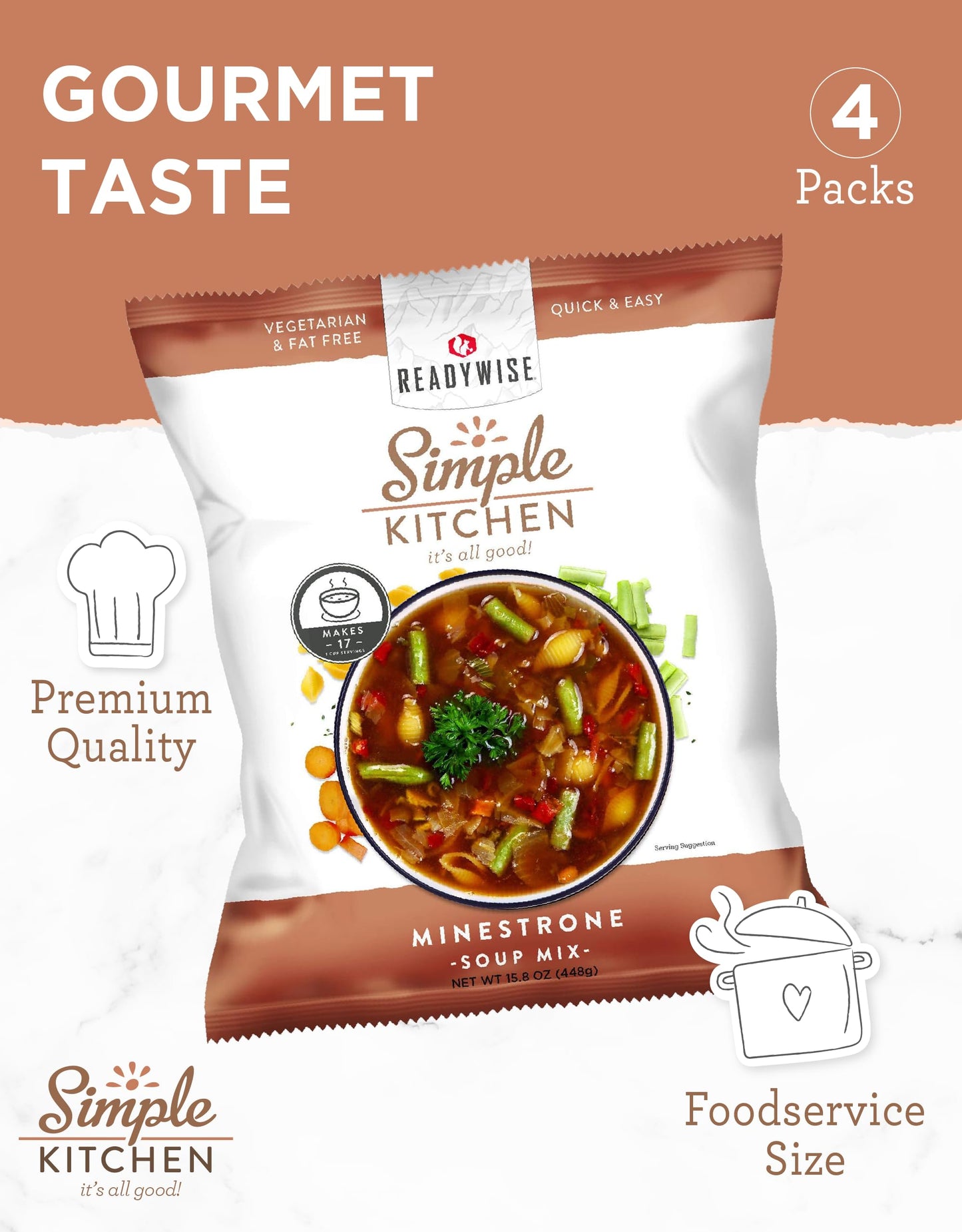 Simple Kitchen Garden Vegetable Soup Mix - 17 Servings for Meal Prep, Gluten Free, Vegetarian, Dehydrated & Freeze Dried Survival Food for Camping Meals, Backpacking & Hiking, Survival Kit, Pack of 4