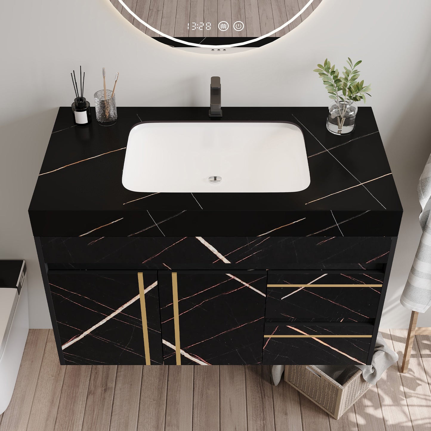35.2 in Floating Bathroom Vanity with Sink and Faux Marble Top