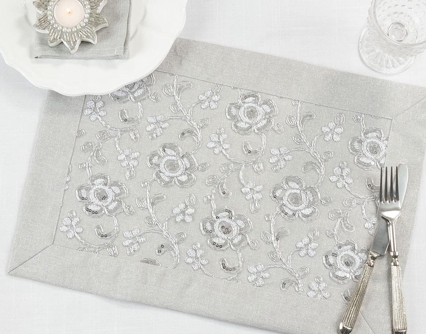 Fennco Styles Sequin Floral Embroidered Placemats 14" W x 20" L - Table Mats for Home, Dining Room, Banquets, Wedding, Holiday and Special Events
