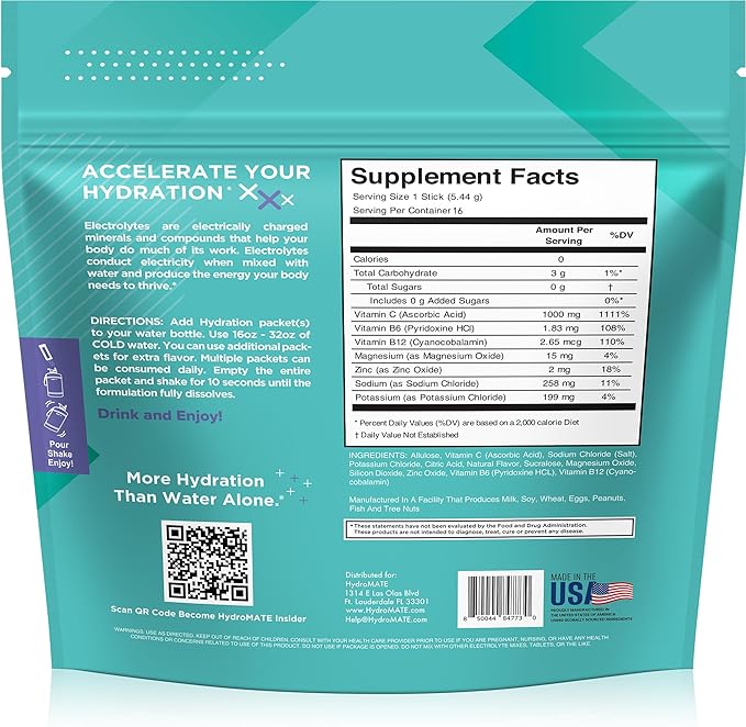 Electrolyte Powder Sugar-Free Hydration Packets Acai Berry HydroMATE 16 Sticks