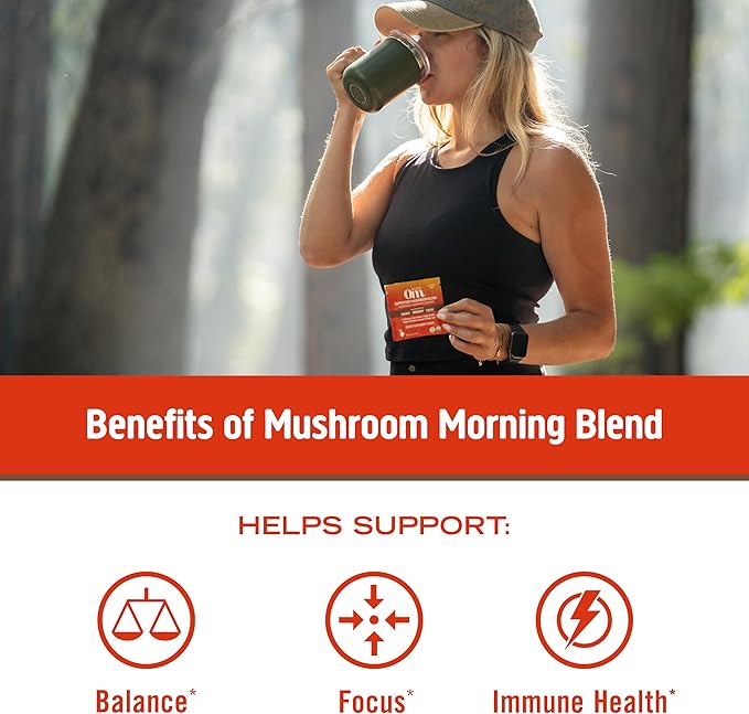 Om Mushroom Superfood Morning Energy Blend Mushroom Powder Drink, Single Serve, 10 Count, Coffee Free Energy Drink with Cordyceps, Vitamin D2, Agaricus Bisporus, Lion's Mane, Rhodiola, and Turkey Tail