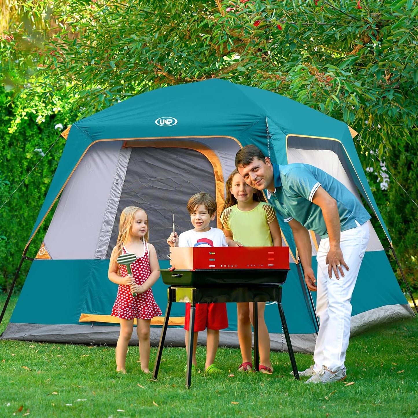 UNP 4 Person Camping Dome and Cabin Tent Easy Set Up, Waterproof with Top Rainfly for Outdoor Camping/Hiking
