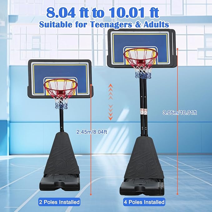 Portable Basketball Hoop with Stable Base, Basketball Hoop Goal System for Teens Adults, Heavy-Duty Steel, Adjustable Height, Easy to Move, Outdoor & Indoor Use