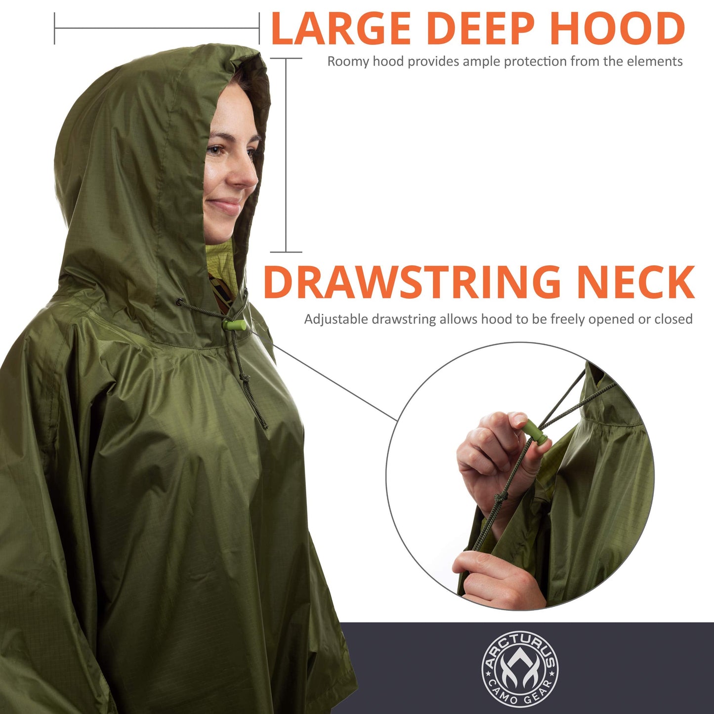 Arcturus Rain Ponchos | Adjustable Hood | Waterproof Ripstop Nylon | Great for Hunting, Fishing & Camping