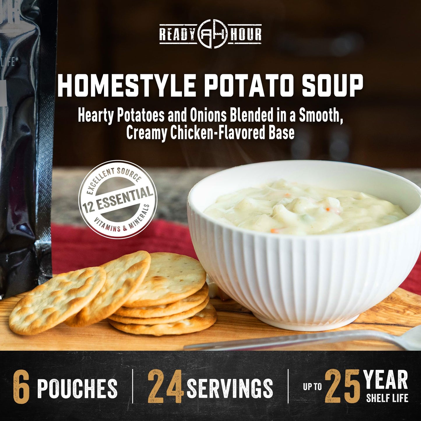 Ready Hour Homestyle Potato Soup Case Pack – 24 Servings (6 Pouches) – Freeze-Dried Soup, Emergency Survival Food, Long-Term Storage, Dehydrated Bulk Meal, Prepper Pantry Essential