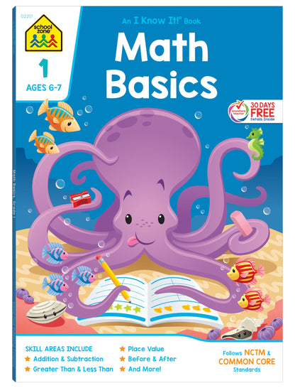 School Zone - Math Basics 1 Workbook - 64 Pages, Ages 6 to 7, 1st Grade, Numbers 1-100, Identifying Numbers, Skip Counting, and More (School Zone I Know It! Workbook Series)