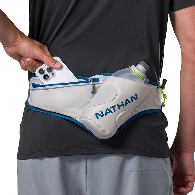 Nathan Peak Running Hydration Waist Pack Belt w/ Speed Draw Flask Water Bottle, 18oz/535 ml Push/Pull Race Cap, Expandable Zippered Stretch Pocket