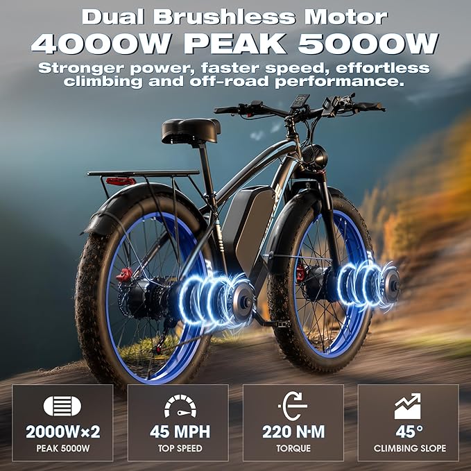Ebike for Adults Electric, 52V 19.2Ah/32Ah, Peak 2000W/2500W E-Bike, 36/40MPH, 70 Miles/100Miles Long Range, Hydraulic Disc Brake, Off Road Snow Mountain E-Bike, 24"/26" Fat Tire Fast Electric Bicycle