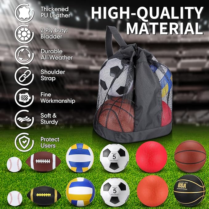 Deekin 12 Pcs Assorted Sport Ball Set Official Size Basketball, Football, Volleyball, Soccer, Baseball, Playground Ball with Bag and Pump Gift for Kid Youth Adult Back to School