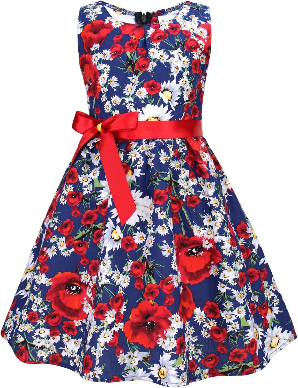 Girls Floral Cotton Dress - Sleeveless Summer Dress with Zipper Closure