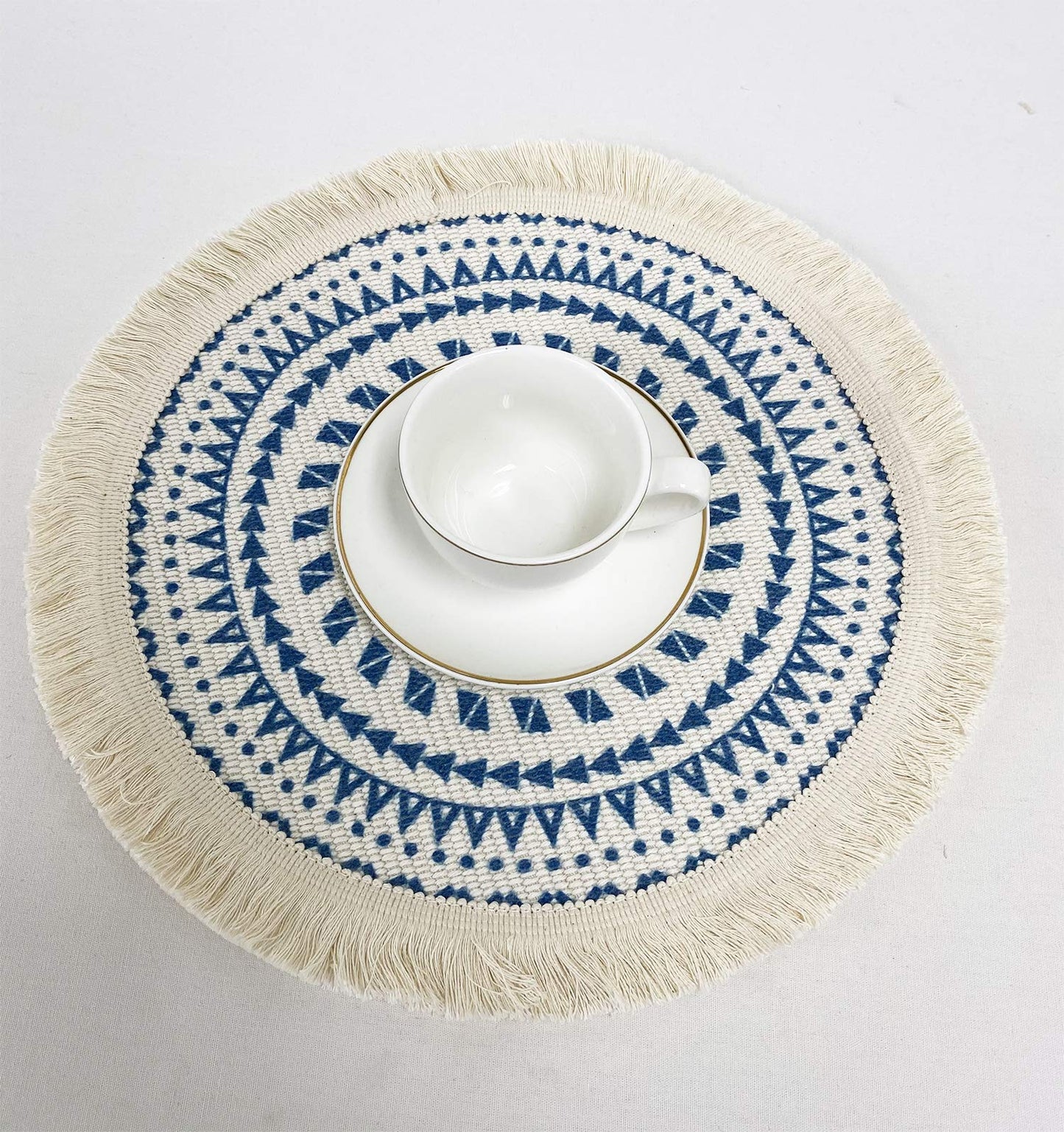 Fennco Styles Boho Geometric Fringe Decorative Cotton Placemats 13-inch Round, Set of 4 - Heat Resistant Insulation Table Mats for Home Decor, Dining Table, Banquets and Special Events