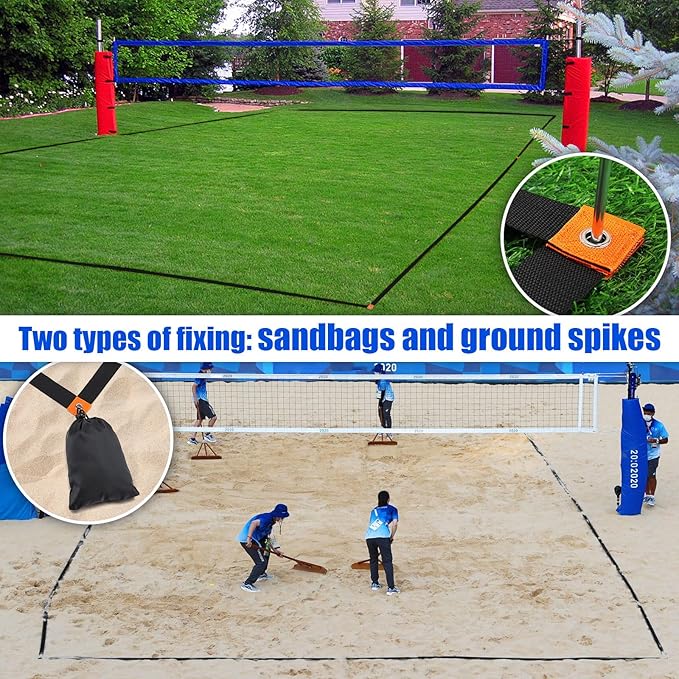 TOBWOLF 26.3' x 52.6' Beach Volleyball Lines, Volleyball Court Lines with Metal Anchors & SandBags,Highly Visible Marking Sand Lines with Metal Anchors & SandBags for Sand Outdoor Grass Backyard