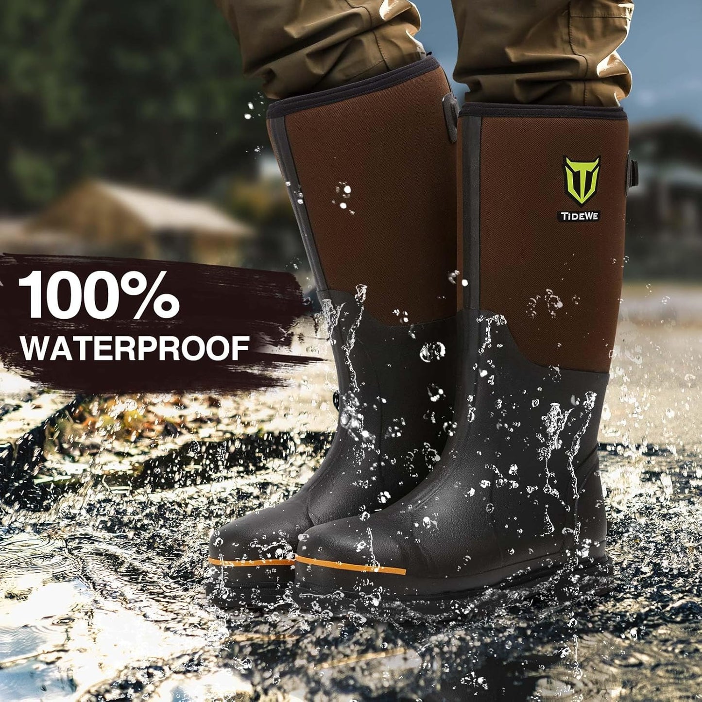 TIDEWE Rubber Work Boot for Men with Steel Toe & Shank, Waterproof Anti Slip Hunting Boot, 6mm Neoprene Hunting Boot for Manufacturing, Construction, Farming, Black,Brown, Size 7-13