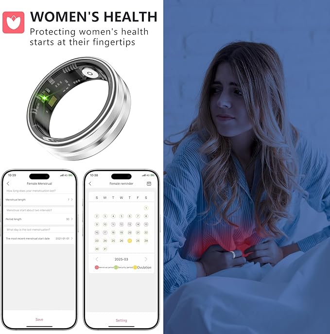 Thin Smart Ring for Fitness & Health Tracking -Pedometer,Sleep/Heart Rate/Blood Oxygen Monitor, Gesture Control / 5ATM Waterproof -No APP Subscription Compatible with Android& iOS (Silver, 7)