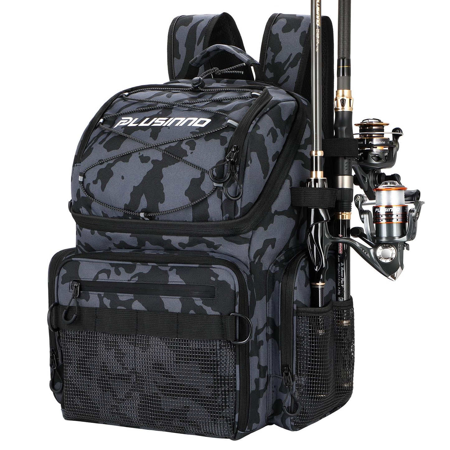 PLUSINNO Cooler Fishing Backpack with Rod Holders 45L Large Water-resistant Fishing Tackle bag Store Fishing Gear Fishing Gifts for Men Father, Sport Bags
