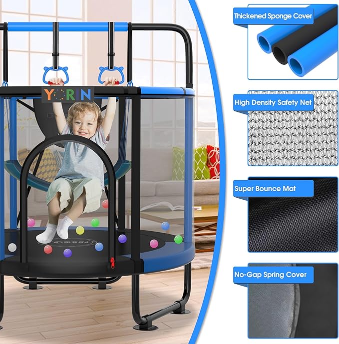 YORIN Trampoline for Kids 66'' 60'' 55'' Toddler Mini Small Trampoline Outdoor Indoor Trampoline W Basketball Hoop, Swing, Adjustable Gymnastics Bar, Gift for Baby, Toddlers & Kids