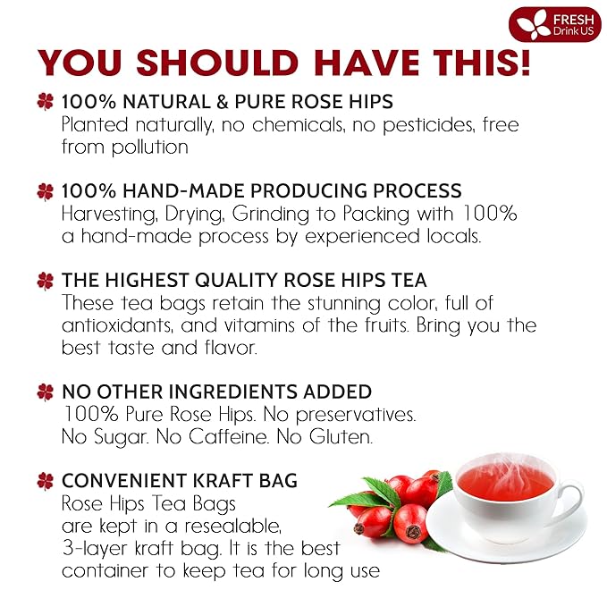 FreshDrinkUS, Premium 30 Rosehip Tea Bags, 100% Natural & Pure from Rose Hip Fruits. Loose Rosehip Herbal Tea. Made with Natural Material Tea Bags. No Sugar, No Caffeine, No Gluten, Vegan.