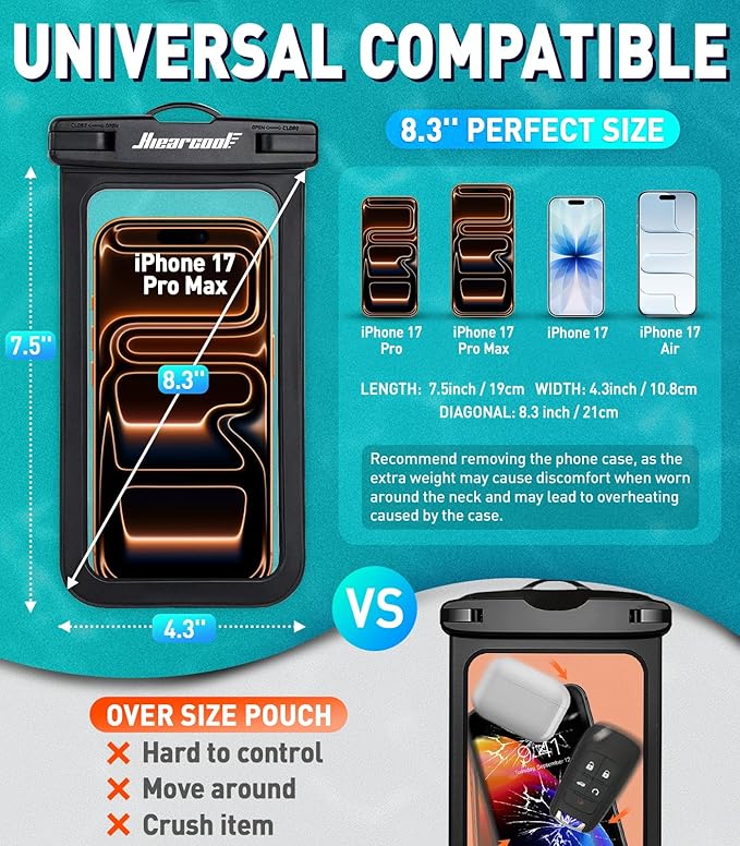 Hiearcool Waterproof Phone Pouch,Universal Waterproof Phone Case Dry Bag Travel Essentials for iPhone, Beach Accessories for Vacation Must Haves - Black&Navy-2 Pack