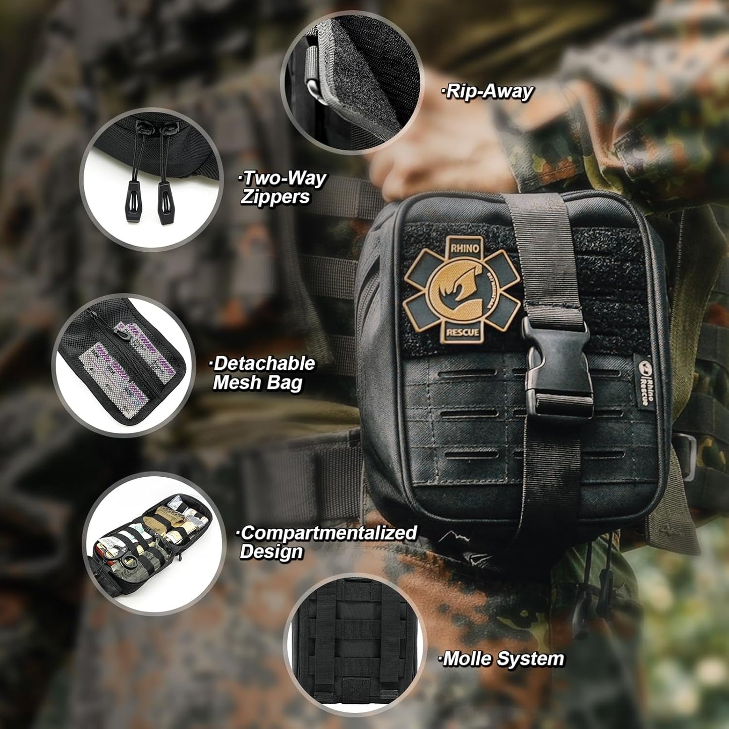 Rhino RESUE Bundle-Vented Chest Seal, 4 Vents, Sterile Emergency Trauma Dressing, Occlusive Adhesive Pad+Trauma Kit with C-A-T Tourniquet, Tactical First Aid Kit Molle Pouch for Military