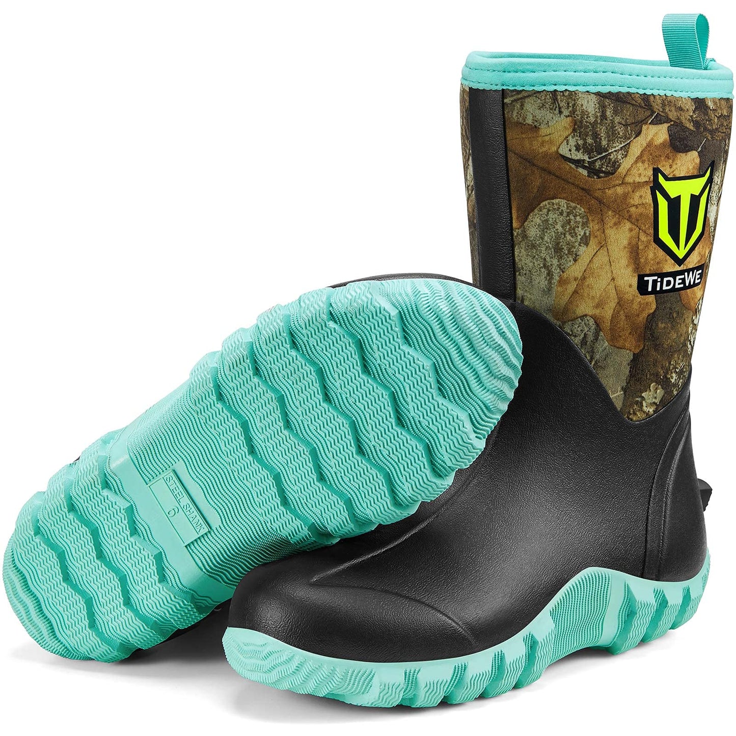 TIDEWE Rubber Boots for Women with Steel Shank, 6mm Neoprene Waterproof Insulated Mid Calf Rain Boots, Sturdy Hunting Work Boots for Farming Gardening Fishing