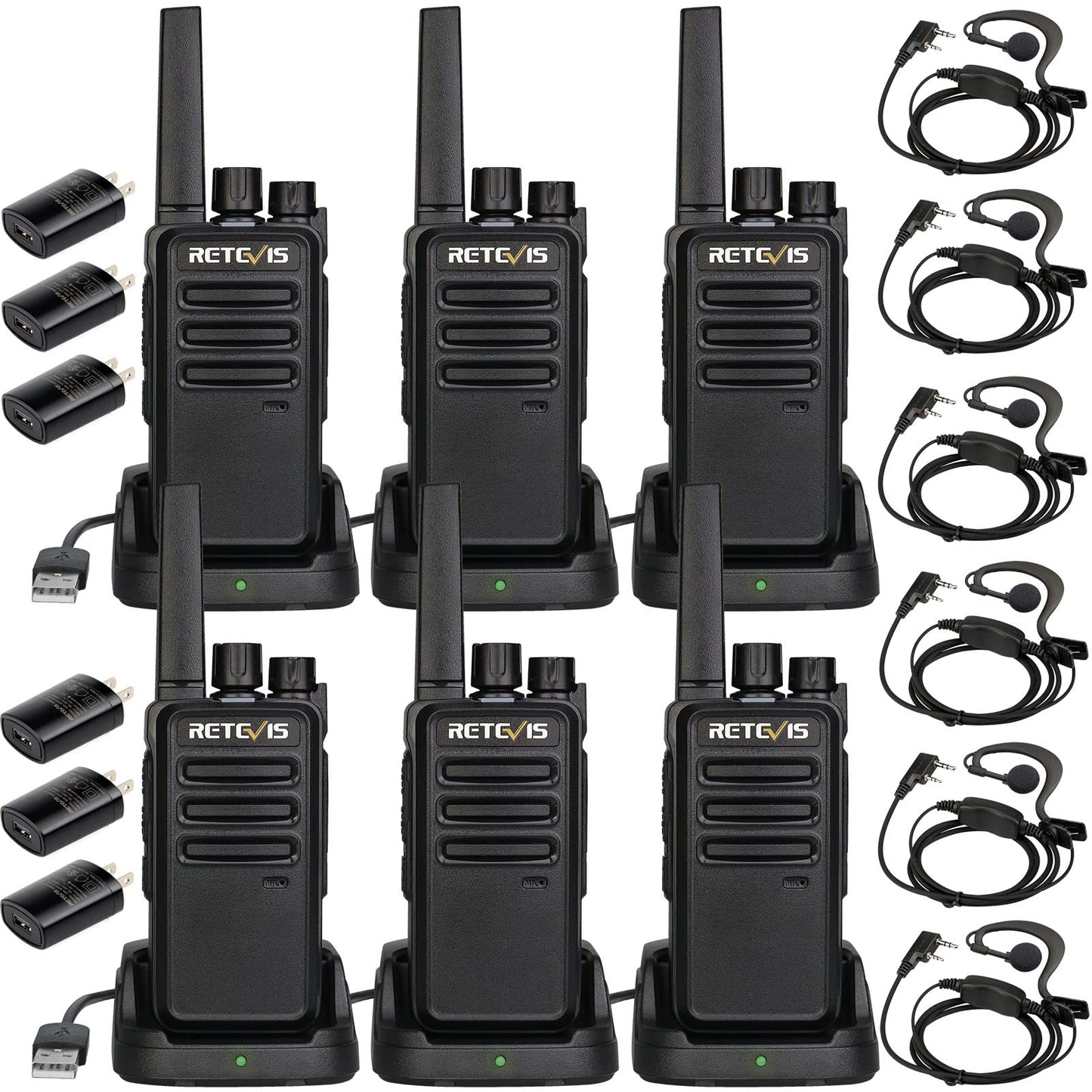 Retevis RT68 Walkie Talkies with Earpiece, Portable FRS Two-Way Radios Rechargeable, with 6 Way Multi Unit Charger, Hands Free, Long Range, Rugged 2 Way Radios 6 Pack for Adults School Church