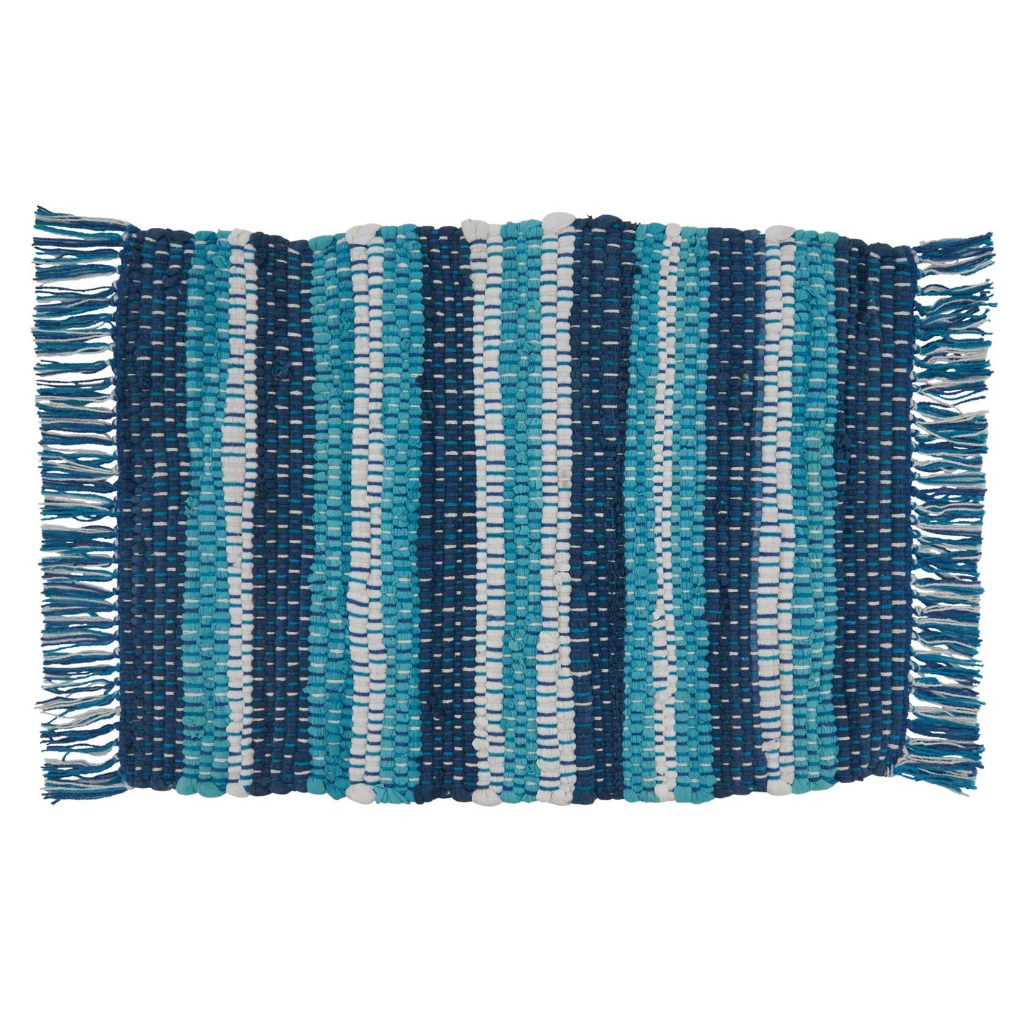 Fennco Styles Coastal Style Tasseled Striped Chindi 100% Cotton Table Runner 16 x 72 Inch – Blue Table Cover for Home Décor, Beach House, Dining Table, Banquets and Special Events