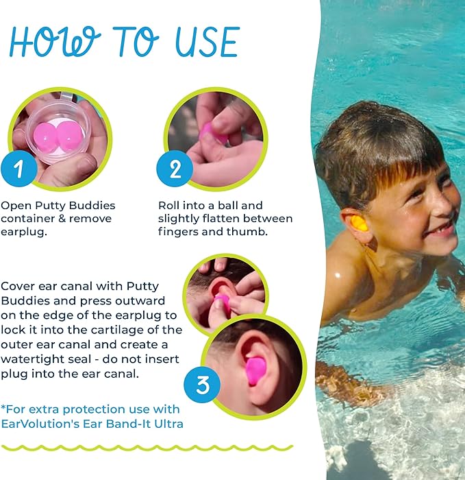 Earvolution Floating Putty Buddies Ear Plugs for Swimming - Invented by an Ear Physician - Moldable, Premium, Silicone - Floats on Water - Waterproof - Made in The USA- 3 Pack - Tan