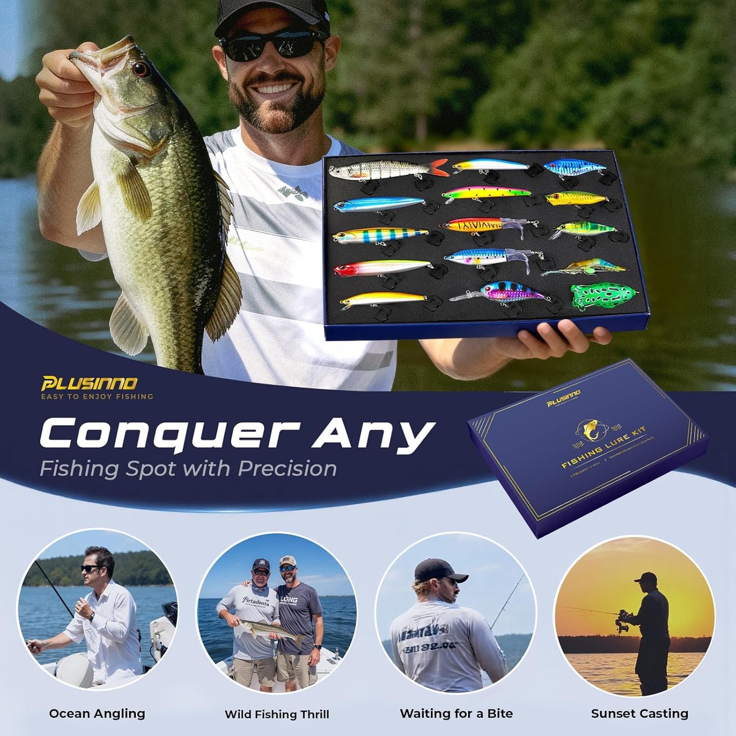 PLUSINNO Fishing Lures kit, Bass Fishing Lures for Freshwater，Fishing Gear Set 2025 Christmas Fishing Gifts for Men, Fishermen, Angler