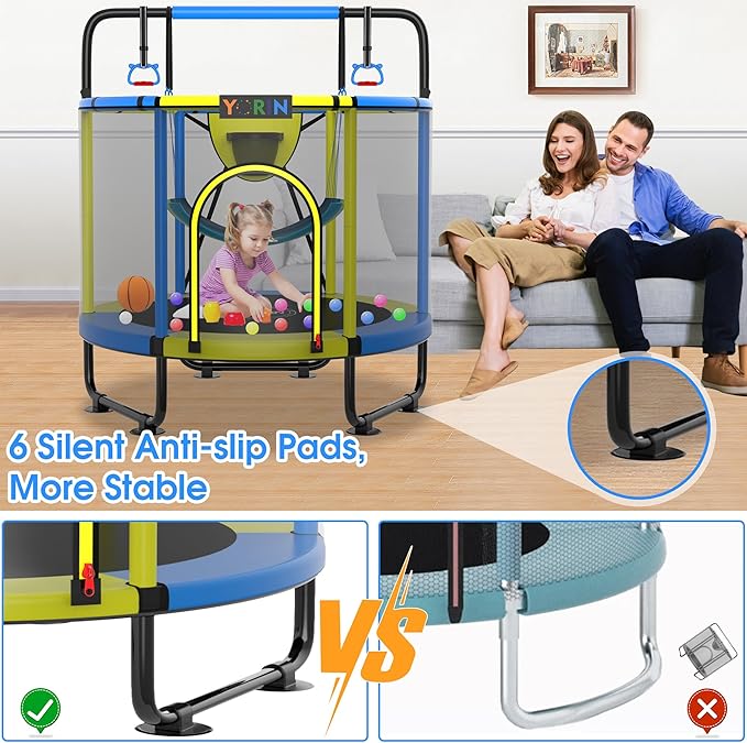 YORIN Trampoline for Kids 66'' 60'' 55'' Toddler Mini Small Trampoline Outdoor Indoor Trampoline W Basketball Hoop, Swing, Adjustable Gymnastics Bar, Gift for Baby, Toddlers & Kids