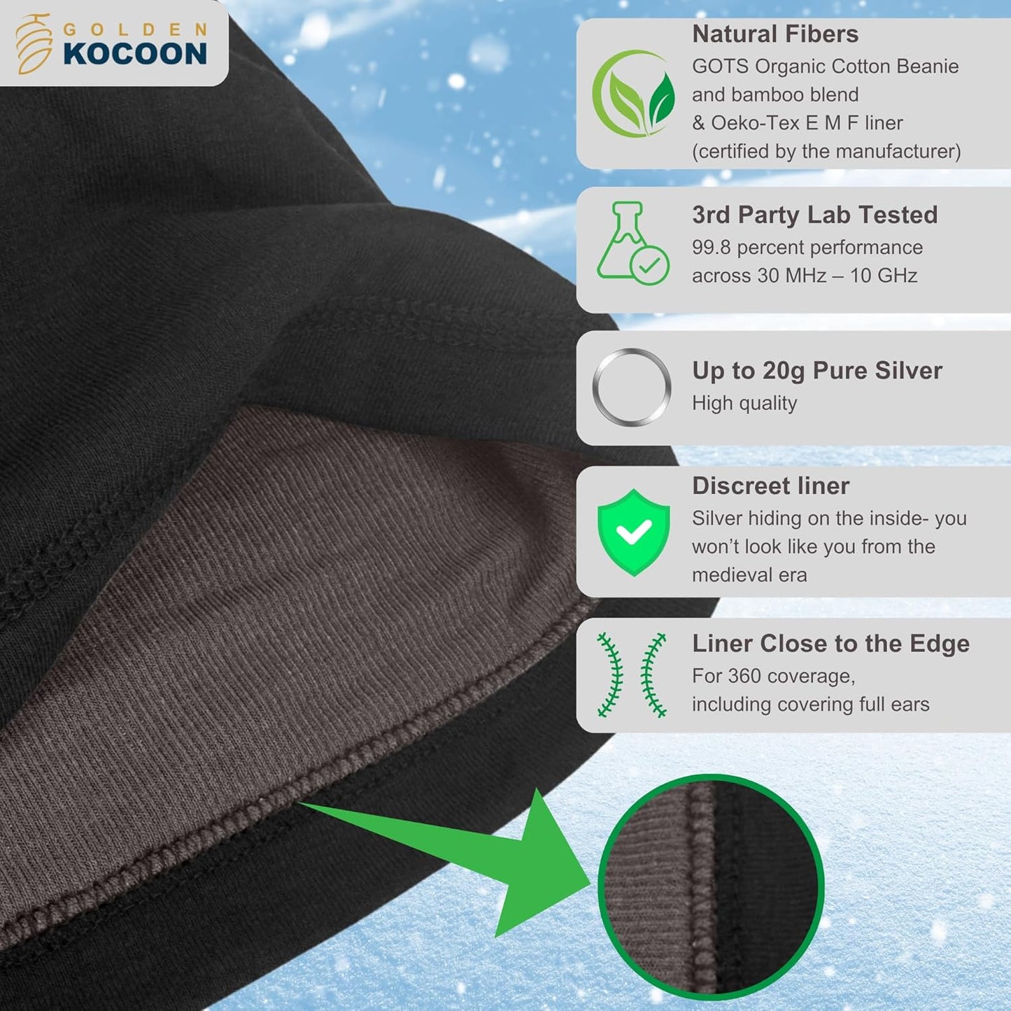 .E-M-F Slouch Beanie- Organic Cotton & Bamboo Viscose Hat, with EcoShield™ Bamboo Lyocell Fara-Day Silver Liner - Ideal for Everyday 5 G, B T, Smart Meter & Wi Fi environments