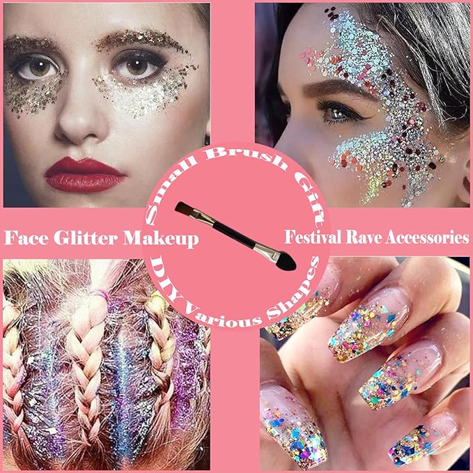 Body Glitter Face Glitter Gel: Singer Concerts Disco Festival Rave Accessories Face Glitter Makeup 150ml Chunky Sequins Mermaid Face Body Hair Glitter Gel (Pink&Gold&Blue)