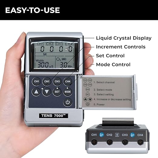 TENS 7000 Pro Rechargeable Tens Unit Muscle Stimulator, 4 Channels, Back Pain Relief, 8 Electrodes/Unit Pads, EMS and TENS Machine, Muscle Recovery & Growth, Stim Machine, Electrotherapy