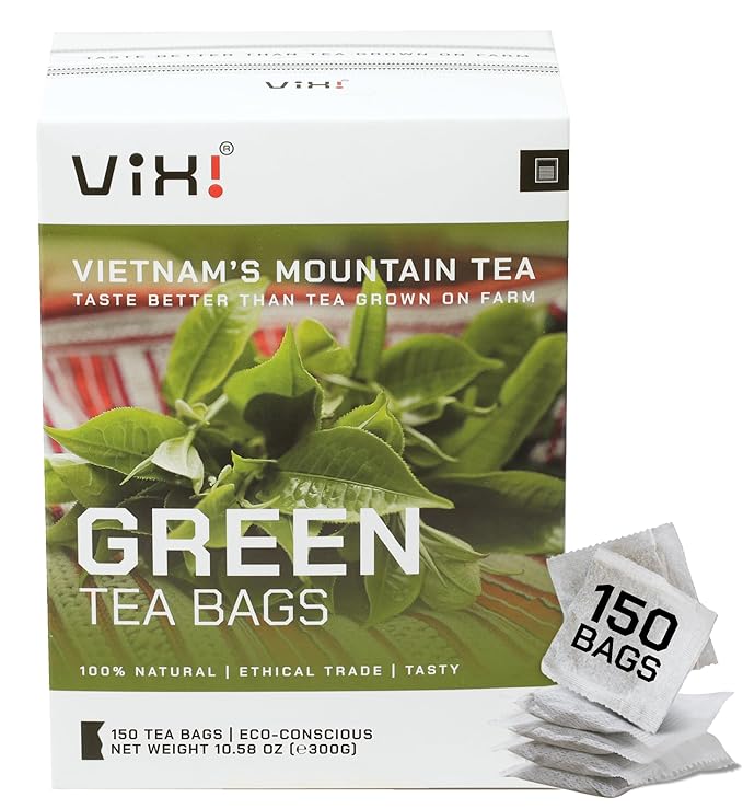 VIXI Green Tea Bags, 150 Counts, Vietnam's Mountain Tea, Caffeinated, Tagless, Balanced Taste, 100% Natural from Ancient Tea Tree, Perfect for Hot and Cold Brew