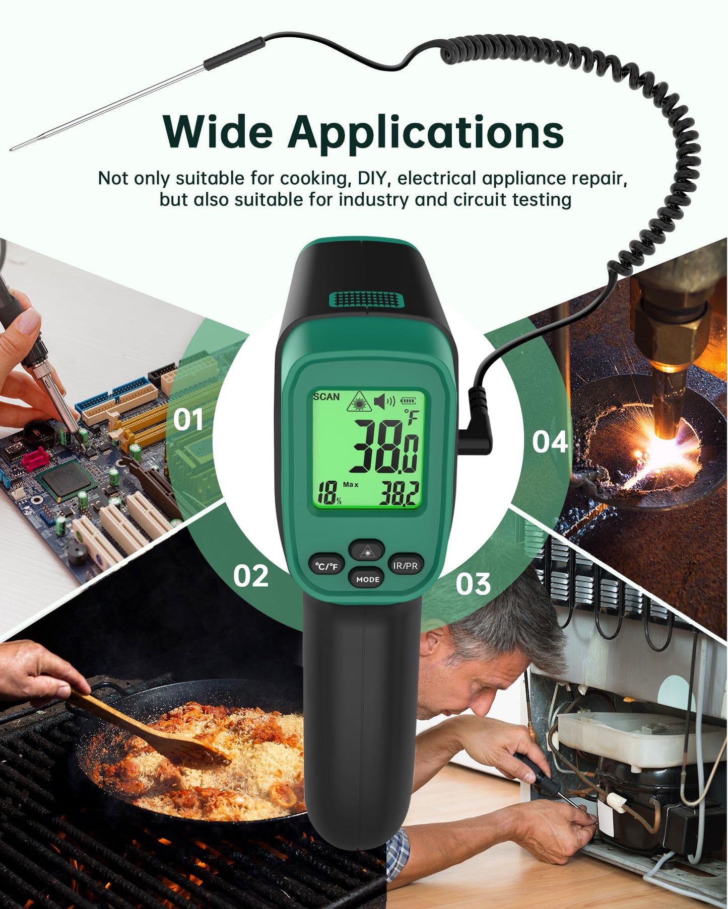 ERICKHILL ROOKMAX Infrared Thermometer Gun, Non-Contact Laser, Adjustable Emissivity, Color LCD, -58°F to 1472°F (-50°C to 800°C), for HVAC, Cooking & BBQ, Automotive, Freezer - Dark Green