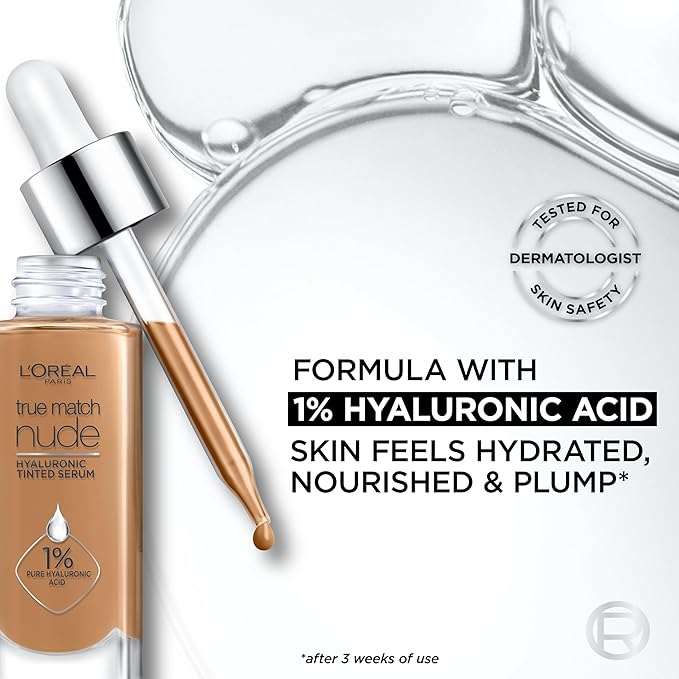 L'Oreal Paris True Match Nude Hyaluronic Tinted Serum Foundation with 1% Hyaluronic acid, Medium 4-5, 1 fl. oz.