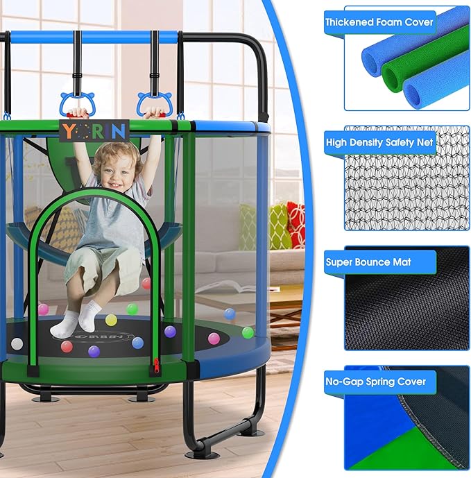 YORIN Trampoline for Kids 66'' 60'' 55'' Toddler Mini Small Trampoline Outdoor Indoor Trampoline W Basketball Hoop, Swing, Adjustable Gymnastics Bar, Gift for Baby, Toddlers & Kids