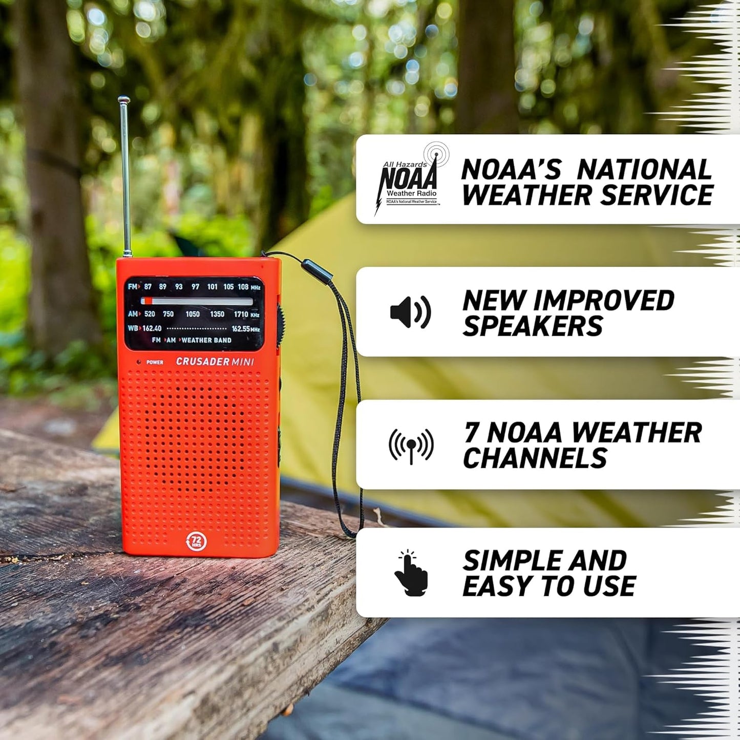 72 HRS (Upgraded) 72HRS CRUSADER MINI NOAA/AM/FM Emergency Weather Radio, Powered by 2AA Battery(Not Included), Premium Designer Radio with Finest Tuning Knob and Speaker (Red)