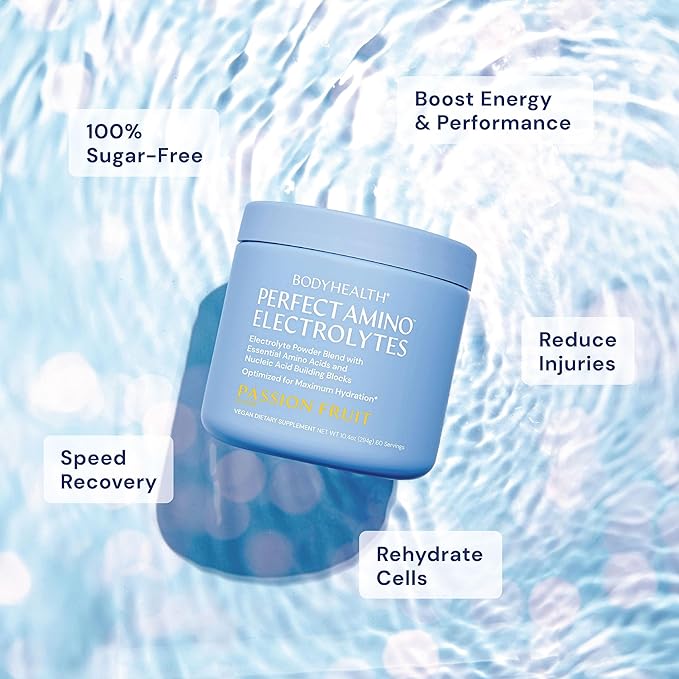 BodyHealth PerfectAmino Electrolytes Powder No Sugar, Hydration Fasting Keto Zero Sugar Electrolytes Drink Mix with Trace Minerals - Passion Fruit - 30 Servings