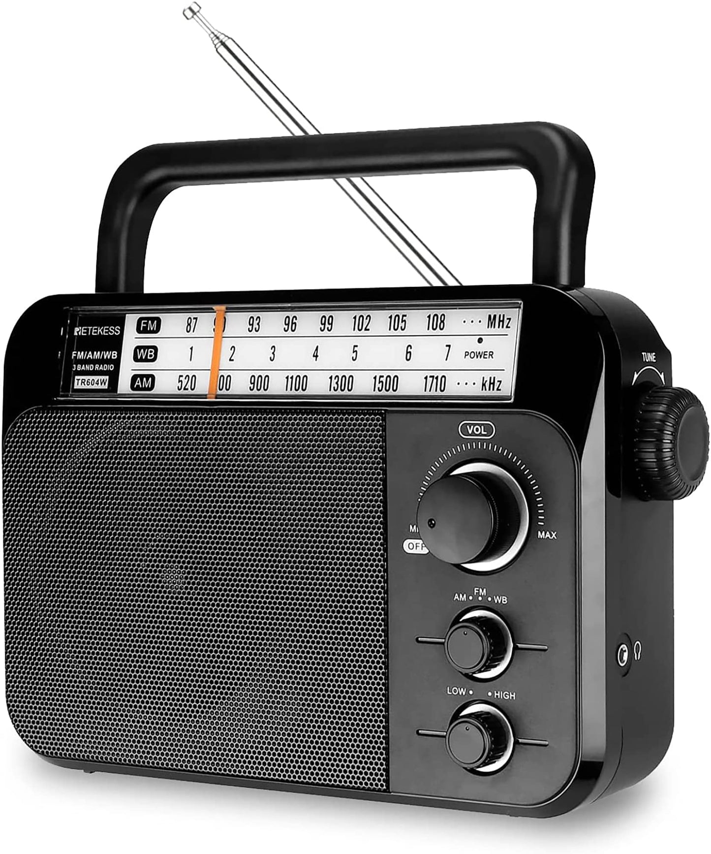 Retekess TR604 AM FM Radio,Portable Radio Plug in Wall,D Battery Operated,Large Dial,High/Low Tone Mode,Big Speaker,Earphone Jack,for Home,Picnic,Senior