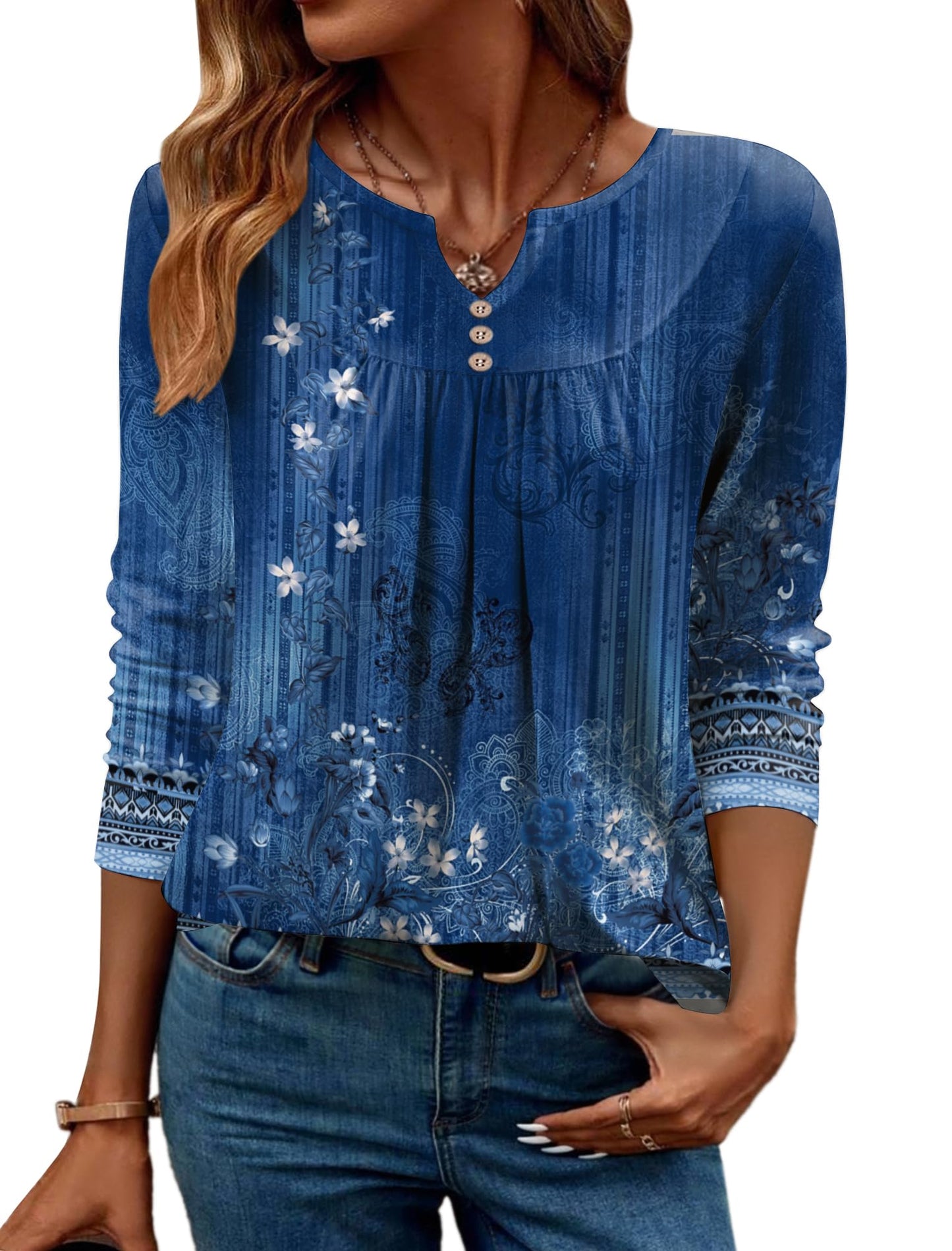 Women Long Sleeve V Neck Blouse - Casual Dressy Work Tunic Top with Pleated Detail 2025