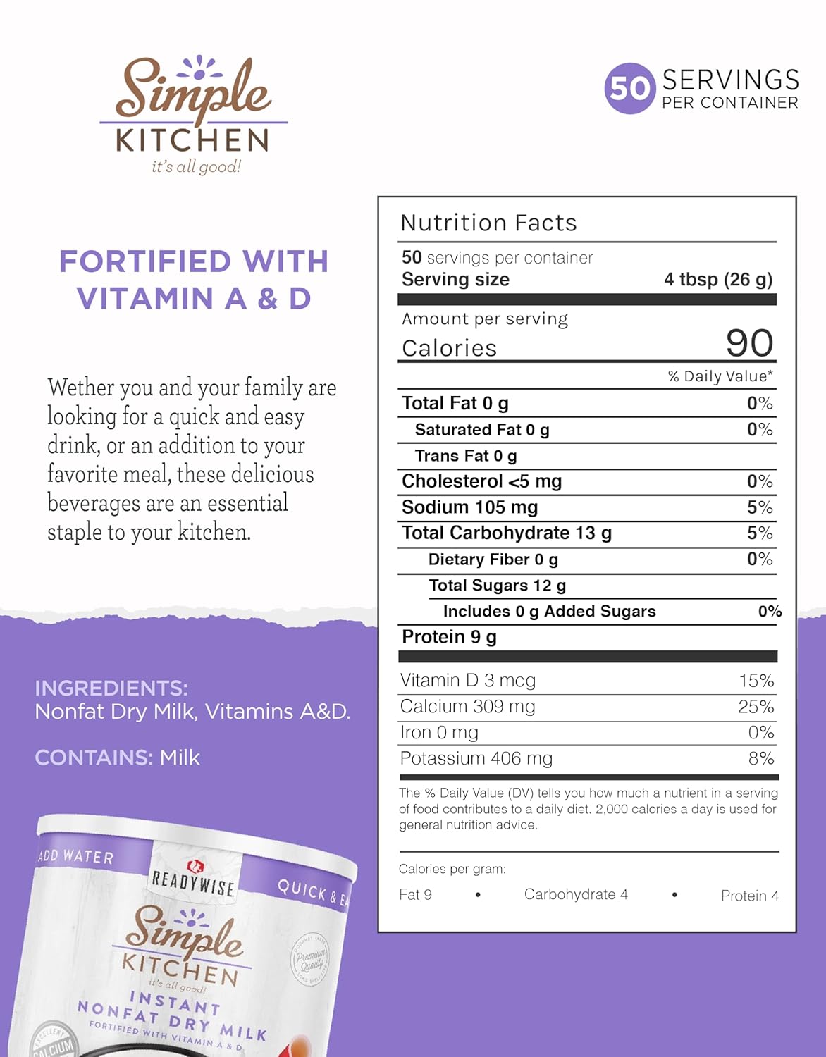 Simple Kitchen Instant Nonfat Dry Milk Powder - 50 Servings #10 Can, Non Fat Powdered Milk Bulk, Dried & Vitamin D Fortified, Daily Use & Emergency Food Long Term Storage, up to 25 Year Shelf Life