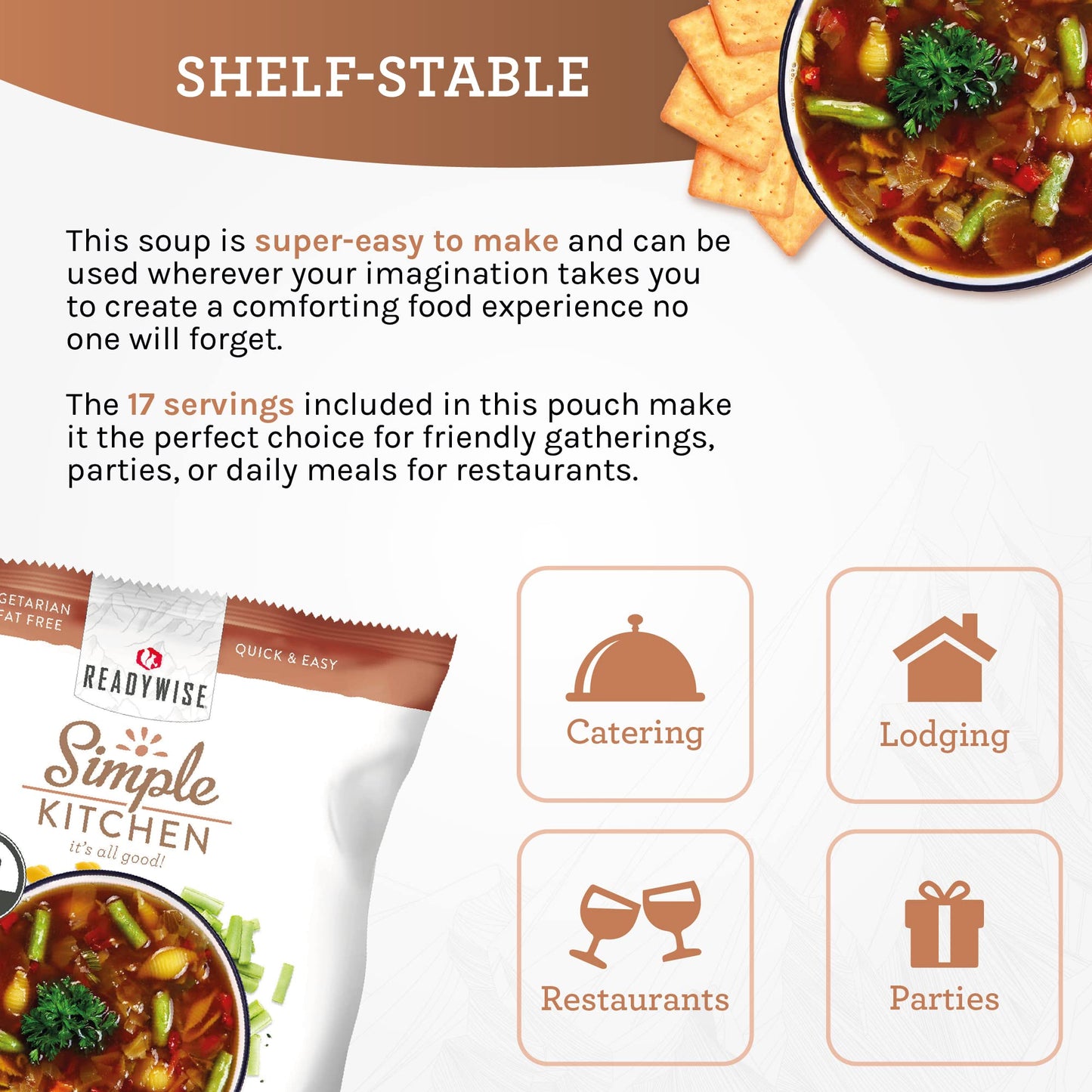 READYWISE - Simple Kitchen, Tomato Basil Soup, 17 Servings, MRE, Gluten Free, & Vegetarian, Food, Soup Mix, for Events, Hiking, Emergency Food Supply, Camping Essentials, or Daily Use, 1 Pack