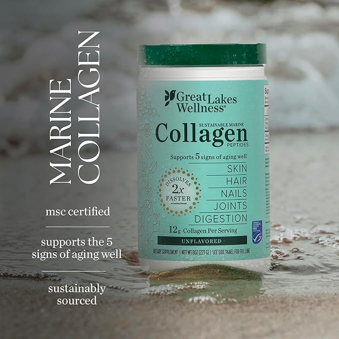 Great Lakes Wellness Sustainable Marine Collagen Peptides Powder for Skin, Hair, Nails, Joints & Digestion - Unflavored - Hydrolyzed, Wild Caught, MSC Certified, Non-GMO, Kosher - 20 Sticks