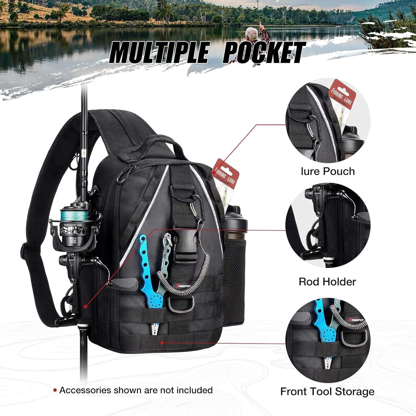 Piscifun Fishing Backpack with Rod Holder, Lightweight Sling Bag Storge Gear and Equipment