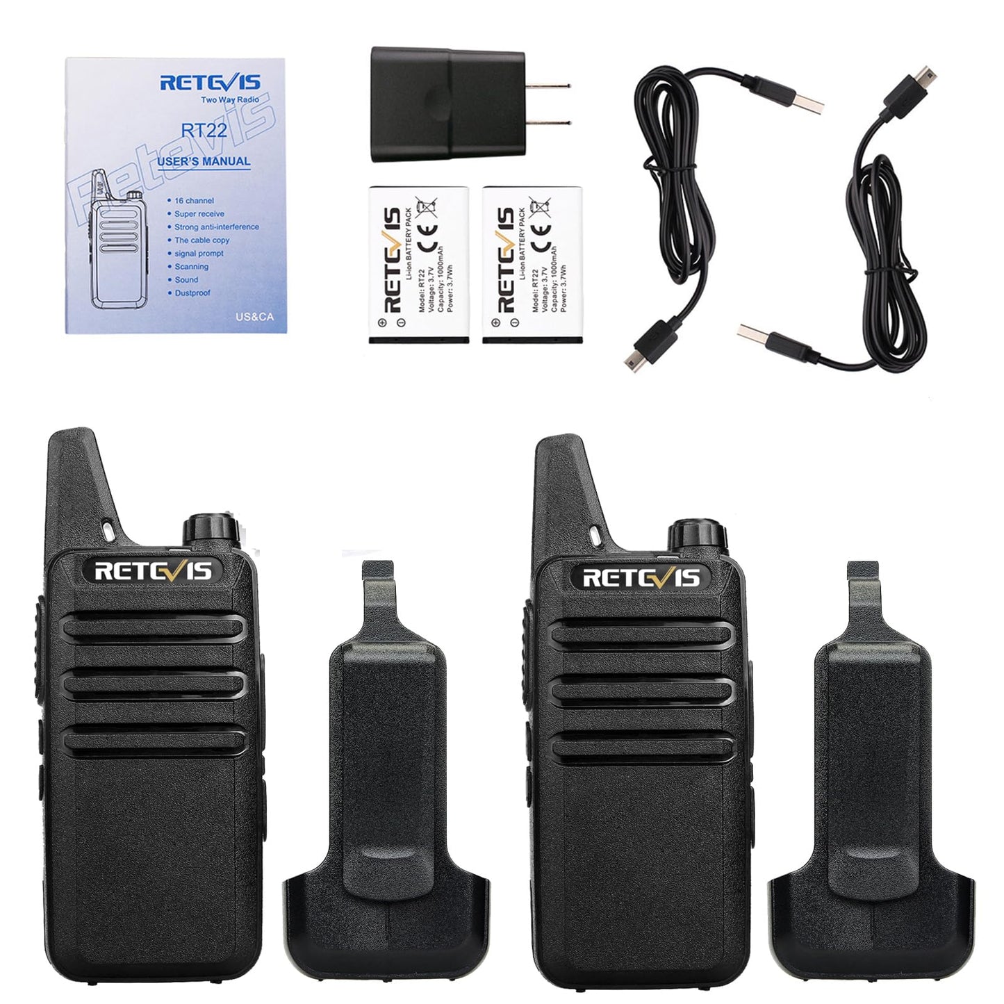 Retevis RT22 Walkie Talkies, Mini 2 Way Radio Rechargeable, VOX Handsfree, Portable, Two-Way Radios Long Range with Earpiece, for Family Road Trip Camping Hiking Skiing(2 Pack, Black)