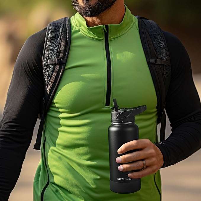 32oz Insulated Water Bottle with Straw, Stainless Steel Metal Vacuum Water Flask, Large Thermal Water bottle with Leakproof 3 Lids for Travel, Camping, Gym Sports Indigo Black