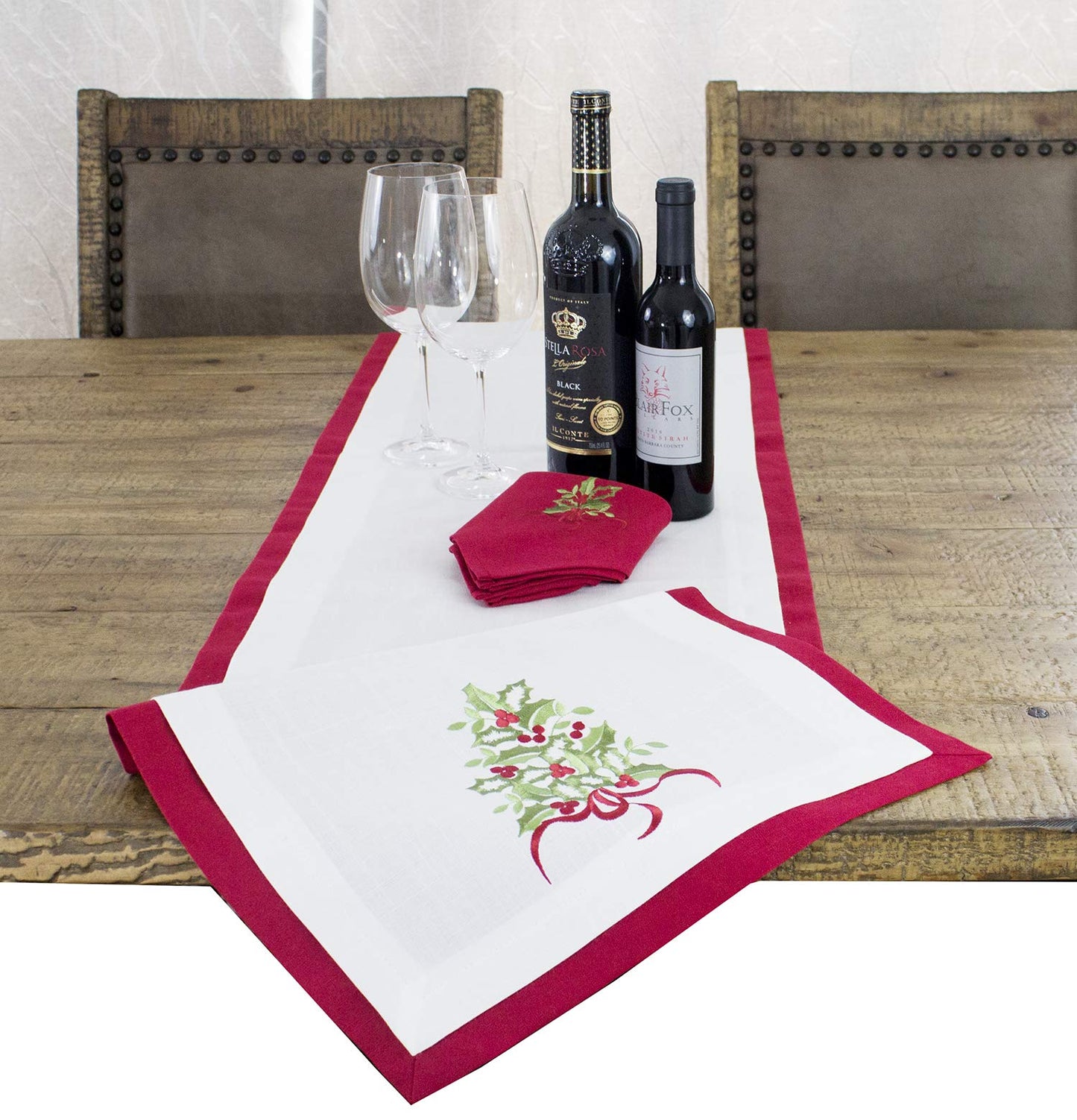 Fennco Styles Embroidered Holly Christmas Tree Double-Layer Holiday Tablecloth