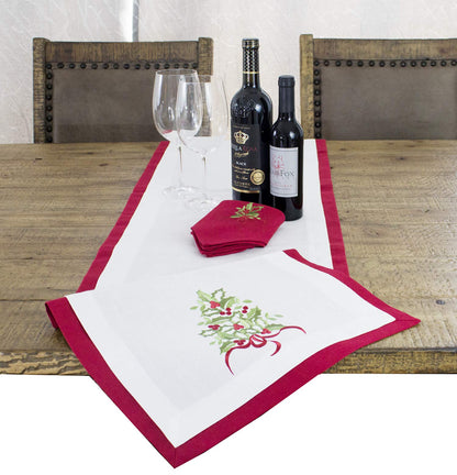 Fennco Styles Embroidered Holly Christmas Tree Double-Layer Holiday Tablecloth