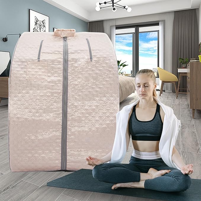Smartmak Far Infrared Sauna, Full Body One Person Portable SPA Set with Time & Tempreture Remote Control, Heating Foot Pad and Foldable Reinforced Chair (L 27.6’’ x W 31.5’’ x H 37.8’’)- Pearl Pink